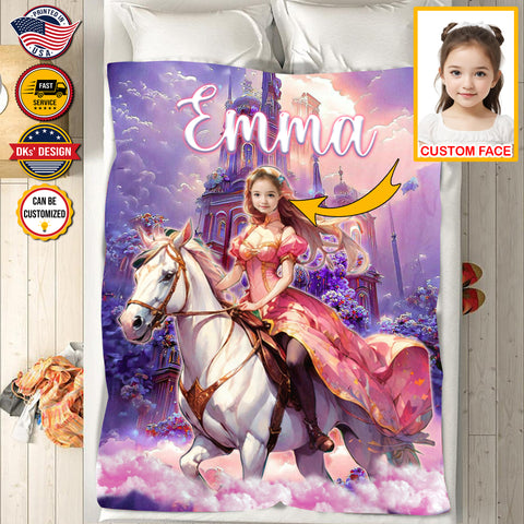 USA Printed Custom Fairytale Blanket | Princess Riding Horse Royalty Blanket, Custom Face And Custom Name Blanket, Girl Blanket, Personalize Blanket, Princess Blanket for Girl, Gift For Daughter, Baby Shower Gift, Birthday Gift, Christmas Gifts