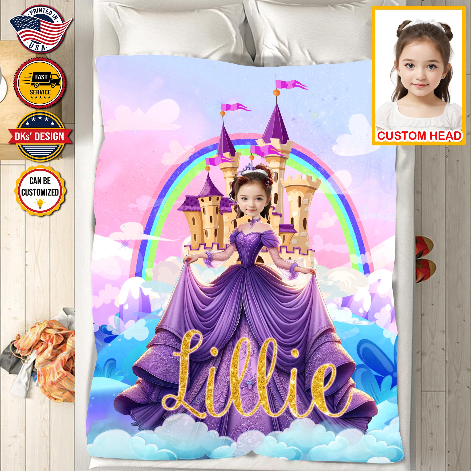 Personalized Fairytale Blanket, Purple Princess And Castle Blanket, Custom Face And Name Blanket, Girl Blanket, Princess Blanket for Girl