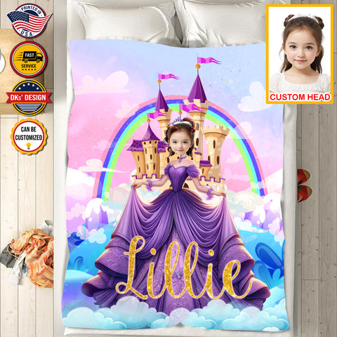 Image of Personalized Fairytale Blanket, Purple Princess And Castle Blanket, Custom Face And Name Blanket, Girl Blanket, Princess Blanket for Girl