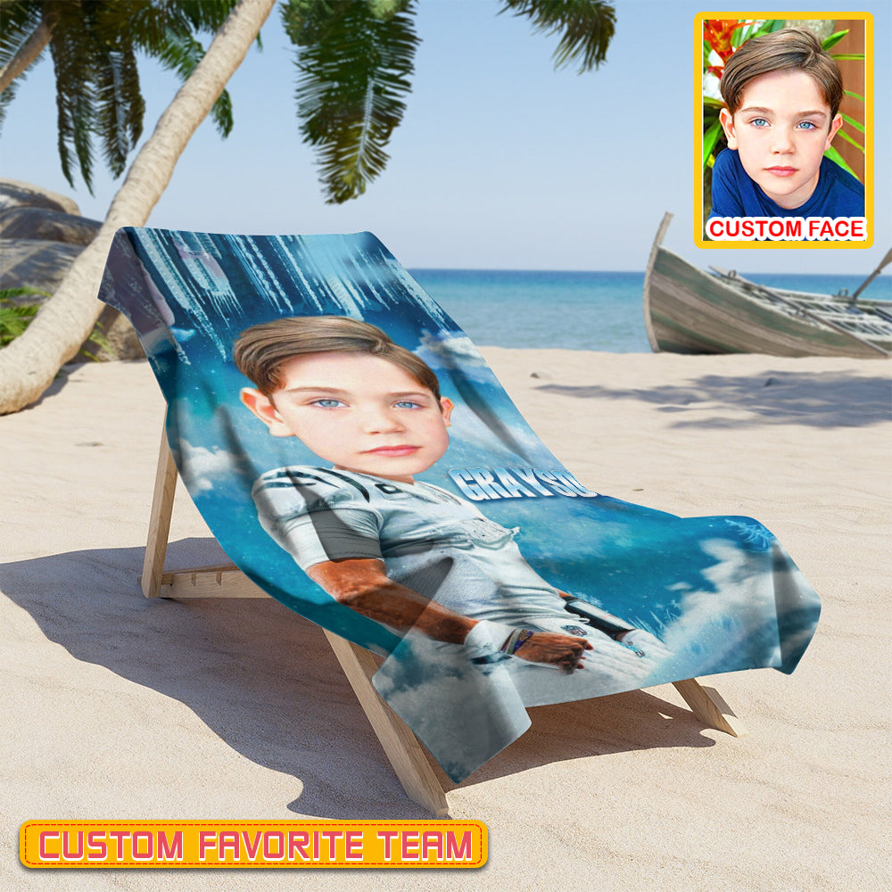Personalized Name & Photo Ice Big Face American Football Beach Towel, Sport Beach Towel