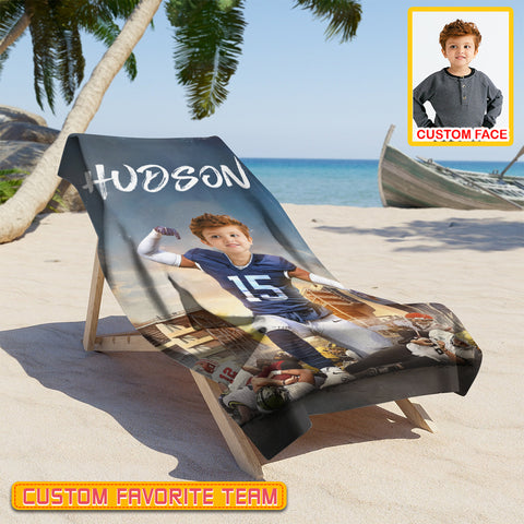 Image of Personalized Name & Photo Winner American Football Beach Towel, Sport Beach Towel