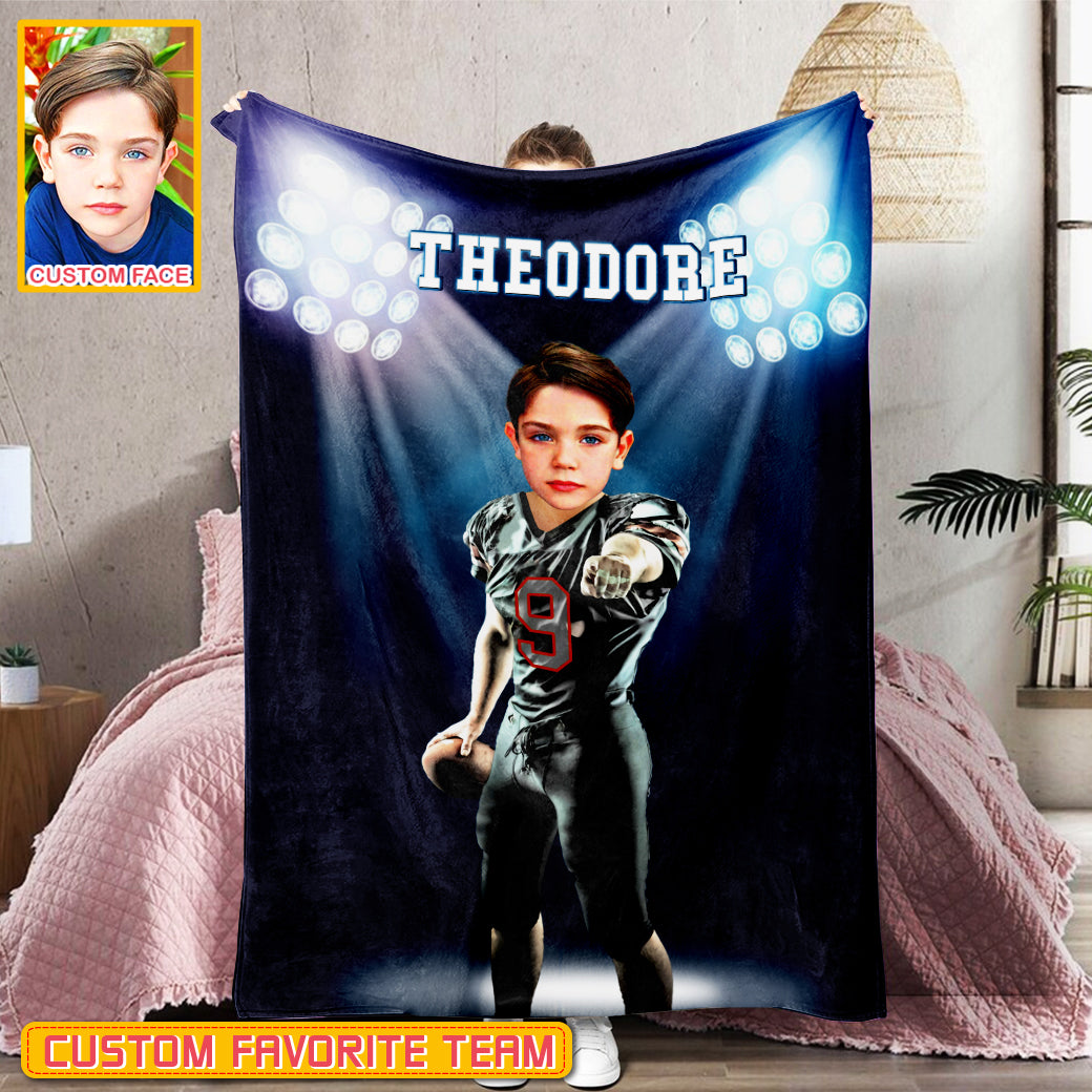 Personalized Name & Photo Under The Spotlight American Football Blanket, Sport Blanket, Football Lover Gift