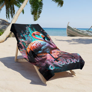 Personalized Name Flamingo Beach Towel, Splash Flamingo Animals Beach Towel, Customized Gifts for Animals Lovers
