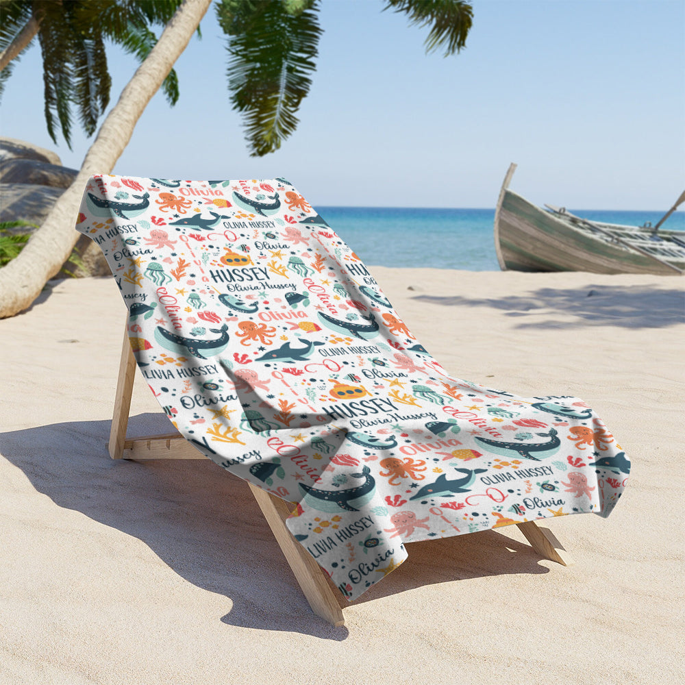 Personalized Name Under The Sea Ocean Animals Beach Towel