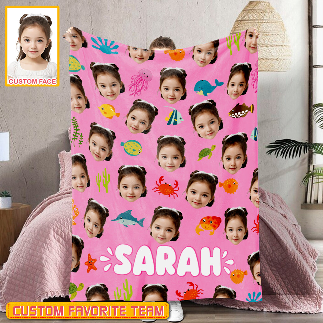 Personalized Name & Photo Girl Custom Face Sea Animals Ocean Animals Blanket
