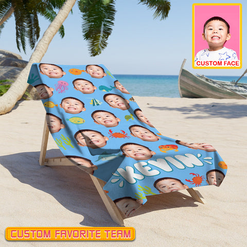 Image of Personalized Name & Photo Boy Custom Face Sea Animals Ocean Animals Beach Towel, Summer Gifts