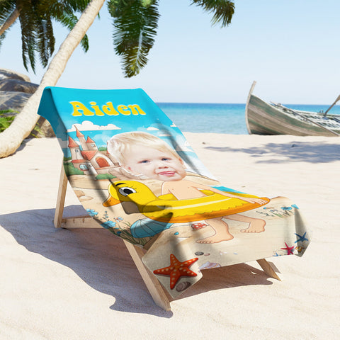 Image of Personalized Name & Photo Custom Face Kid Sand Beach Sea View Beach Towel