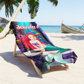 Personalized Name & Photo Litte Mermaid In Deep Sea Beach Towel