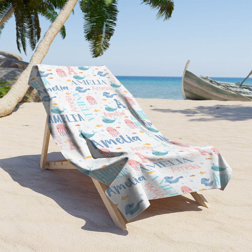 Personalized Name Sea Animals Jellyfish Dolphin Whale Beach Towel