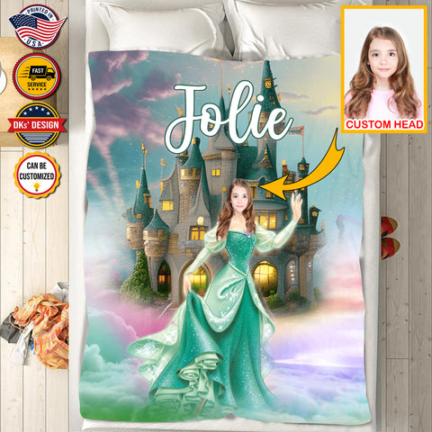 Image of USA Printed Custom Fairytale Blanket | Green Princess and Castle Blanket, Custom Face And Custom Name Blanket, Girl Blanket, Personalize Blanket, Princess Blanket for Girl, Gift For Daughter, Baby Shower Gift, Birthday Gift, Christmas Gifts