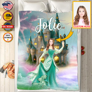 Personalized Fairytale Blanket, Green Princess and Castle Custom Face And Name Blanket, Girl Blanket, Princess Blanket for Girl, Gift For Daughter