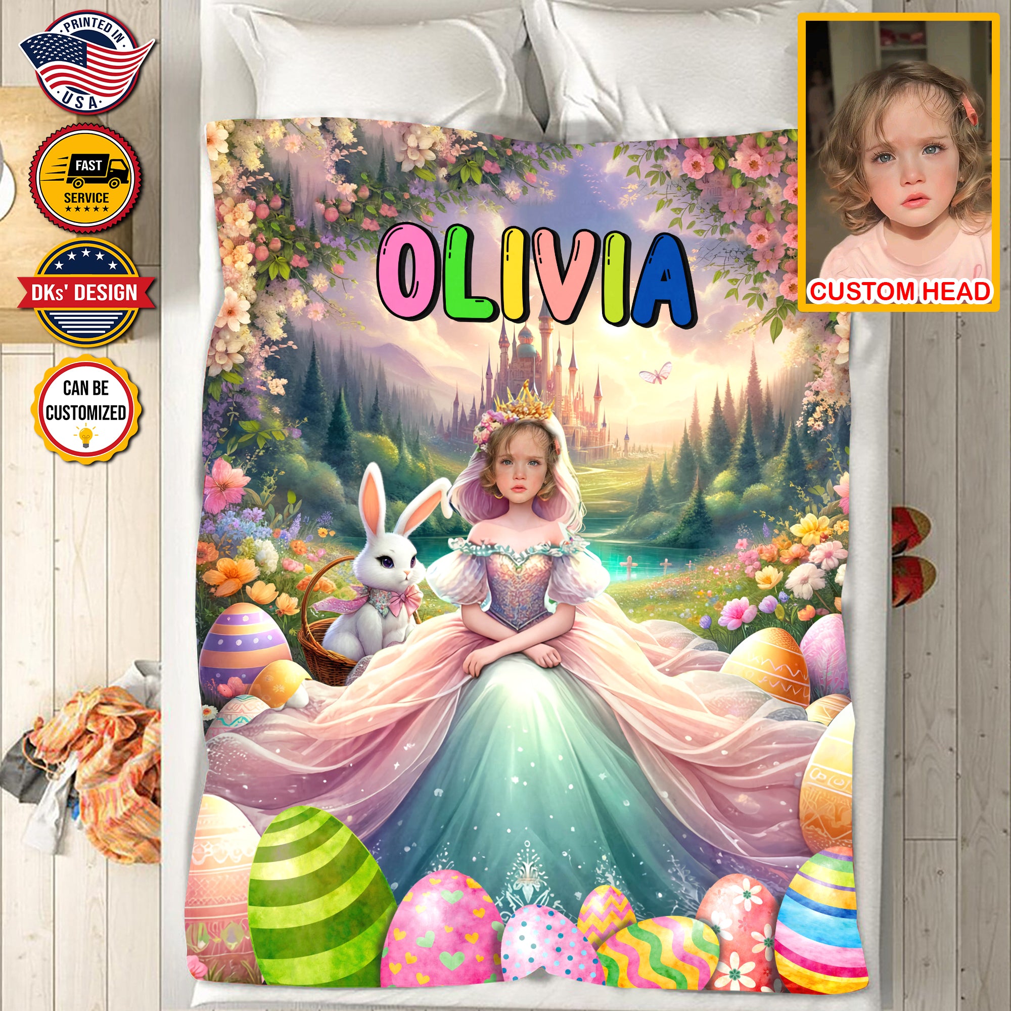 Personalized Easter Blanket, Easter With Princess And Bunny Custom Face And Name Blanket, Blanket for Easter Day, Girl Princess Blanket, Easter Gift