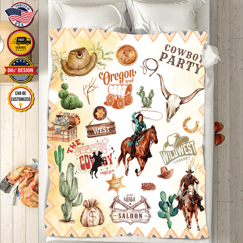 USA Printed Cowboy Blanket, Wild West Oregon Trail Blanket, Personalized Cowboy Blanket, Christmas Cowboy Blanket, Sherpa Blanket, Fleece Blanket, Birthday Gifts, Christmas Gifts