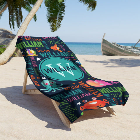 Image of Personalized Name Colorful Lettering Sea Animal Beach Towel