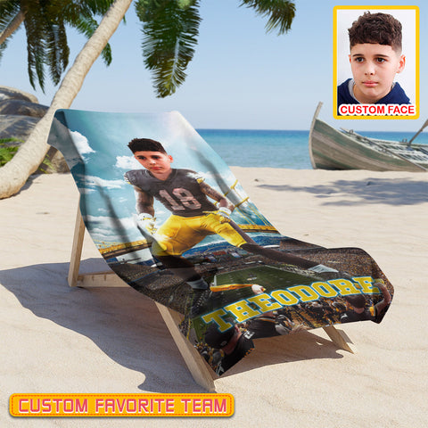 Image of Personalized Name & Photo Big Star American Football Beach Towel, Sport Beach Towel