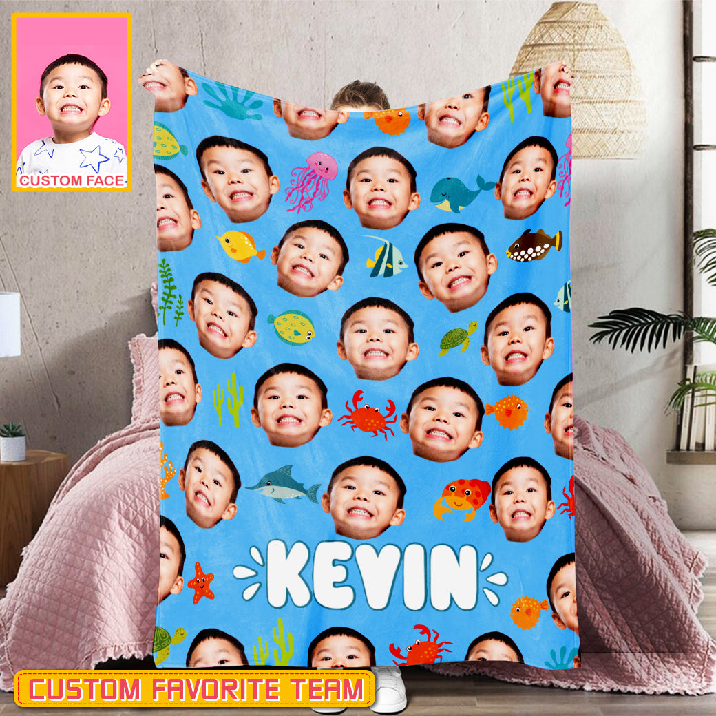 Personalized Name & Photo Boy Custom Face Sea Animals Ocean Animals Blanket
