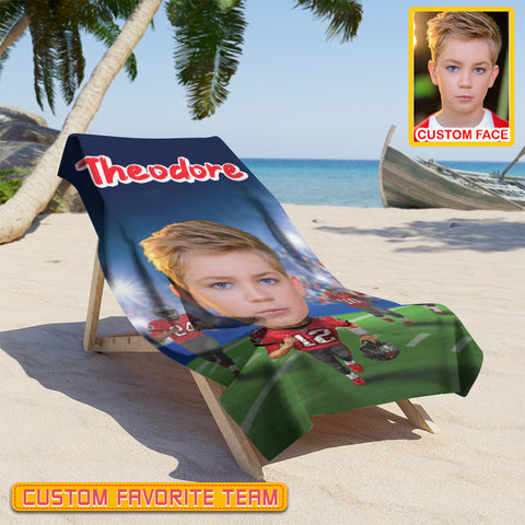 Image of Personalized Name & Photo Custom Face Custom Number Kid Big Face American Football Beach Towel