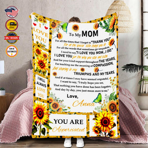 Personalized Mom Blanket, Sunflower To My Mom Blanket, Message Blanket, Customized Mother's Day Gifts