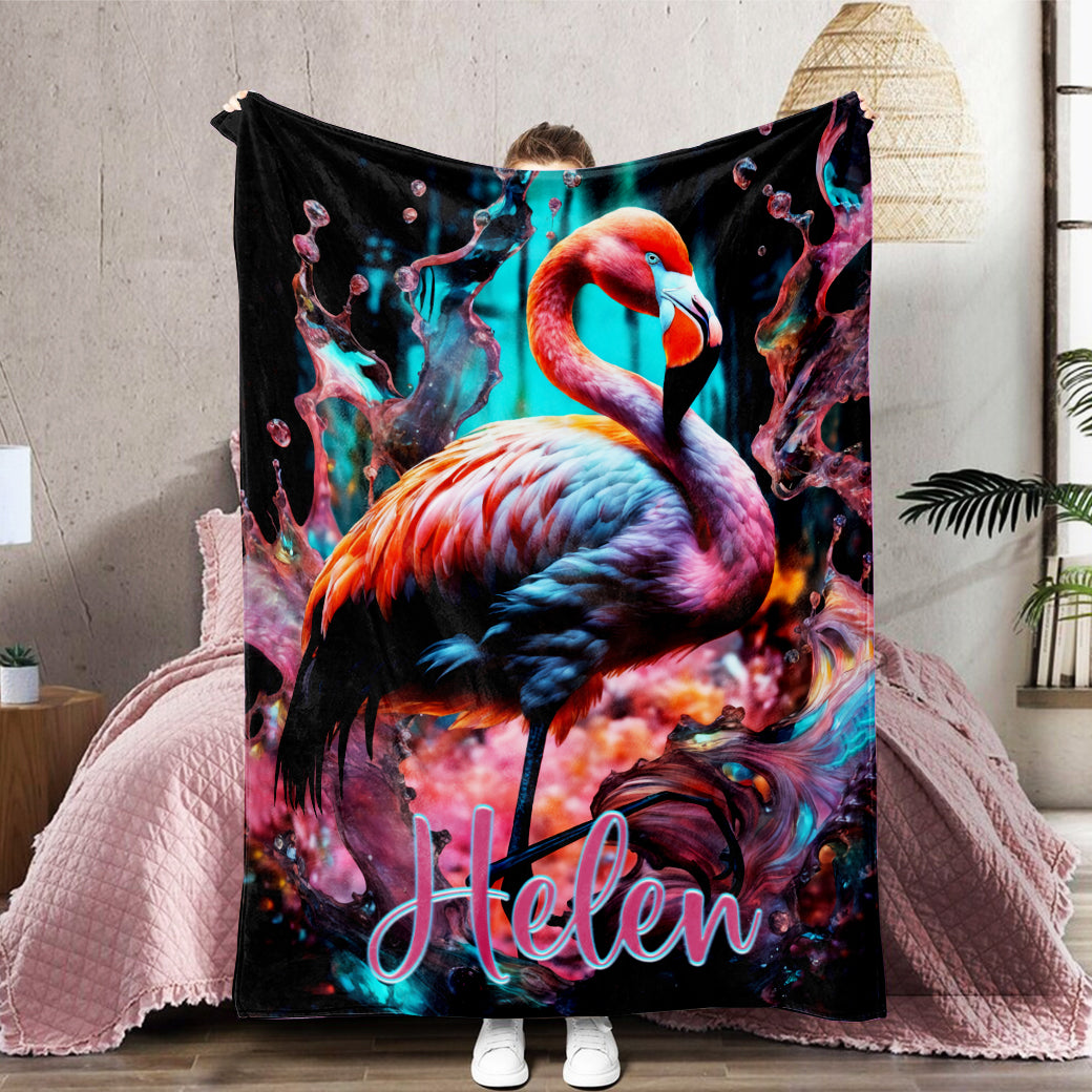 Personalized Name Flamingo Blanket, Splash Flamingo Blanket, Customized Gifts for Animals Lovers