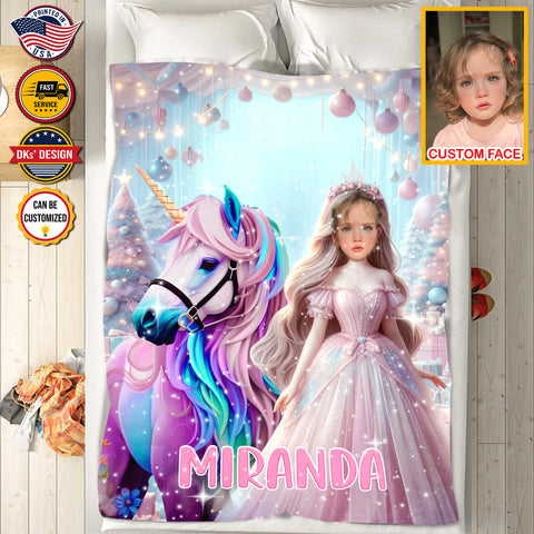 Image of Personalized Unicorn Dreams and Birthday Wishes for Christmas Blanket, Custom Face And Name Blanket, Princess Girl Blanket, Christmas Gifts