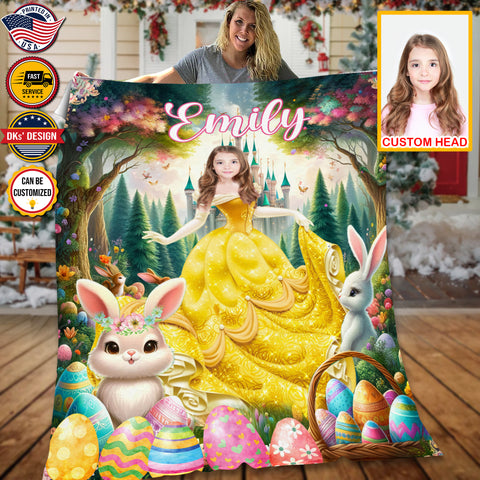 Image of Personalized Easter Blanket, Easter Eggs In The forest Custom Face And Name Blanket, Blanket for Easter Day, Princess Blanket for Girl, Easter Gift