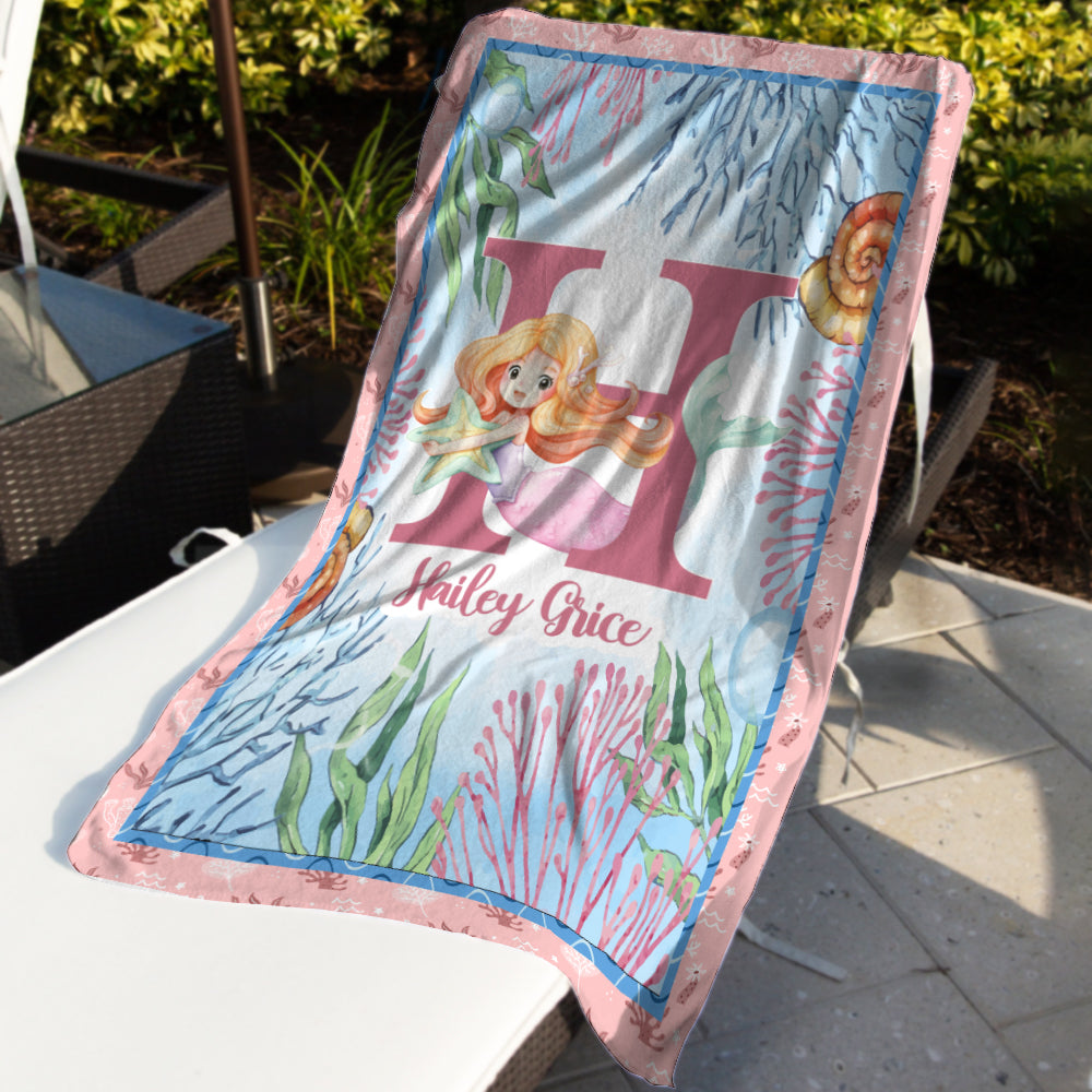 Personalized Initial & Name Mermaid  Coral Girl Beach Towel