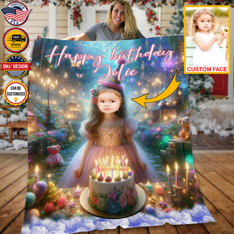 Image of Personalized Birthday Bliss Princess 2 Custom Face And Custom Name Blanket, Girl Birthday Blanket, Princess Blanket for Girl, Birthday Gift