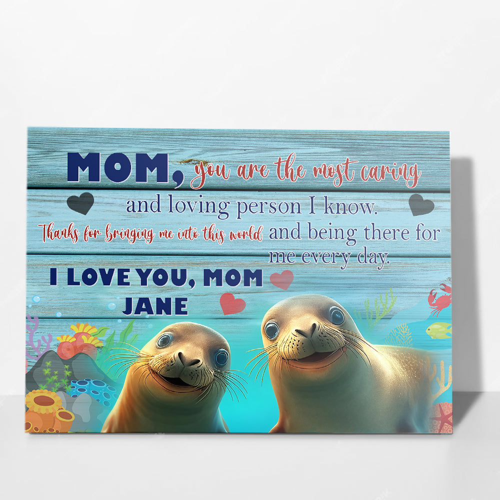 Personalized Name Mom Canvas,  Sea Lion To Mom From Daughter Canvas, Customized Mother's Day Gifts