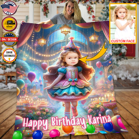 Image of Personalized Birthday Bliss Princess 1 Custom Face And Custom Name Blanket, Girl Birthday Blanket, Princess Blanket for Girl, Birthday Gift