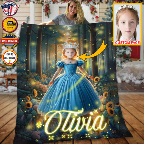 Image of USA Printed Custom Blanket | Forest Princess Personalized Sunflower Blanket, Custom Face And Custom Name Blanket, Girl Blanket, Personalize Blanket, Princess Blanket for Girl, Gift For Daughter, Baby Shower Gift, Birthday Gift, Christmas Gifts