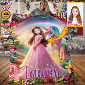 Personalized Fairytale Blanket, Princess & Unicorn's Forest Custom Face And Name Blanket, Girl Blanket, Princess Blanket for Girl, Unicorn Blanket Gift