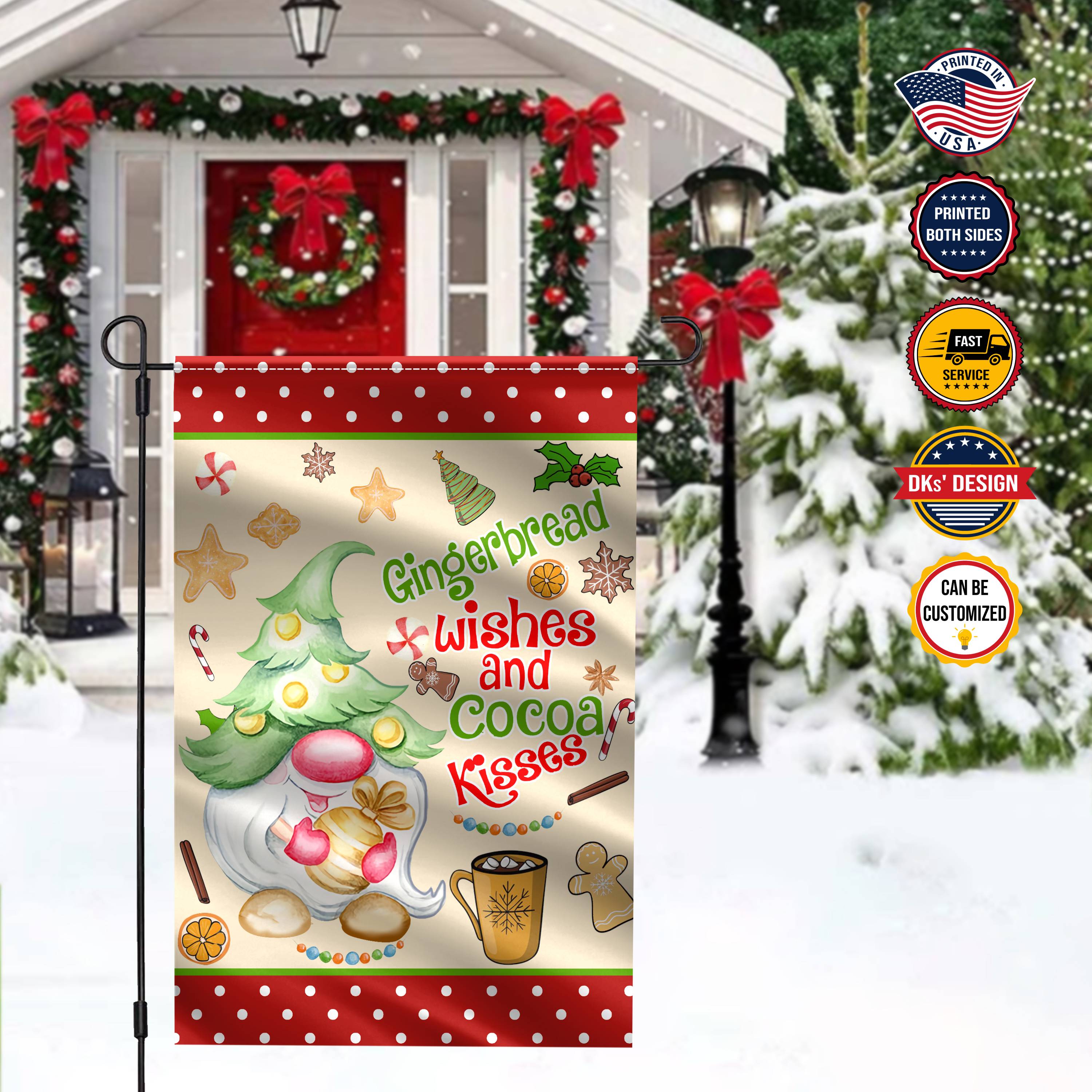 Personalized Christmas Flag, Custom Double Side Gnomes Gingerbread Wishes And Cocoa Kisses Flag, Garden Flag, House Flag, Christmas Gift