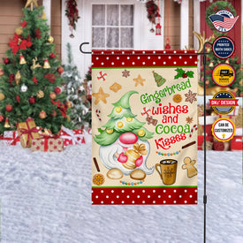 Personalized Christmas Flag, Custom Double Side Gnomes Gingerbread Wishes And Cocoa Kisses Flag, Garden Flag, House Flag, Christmas Gift