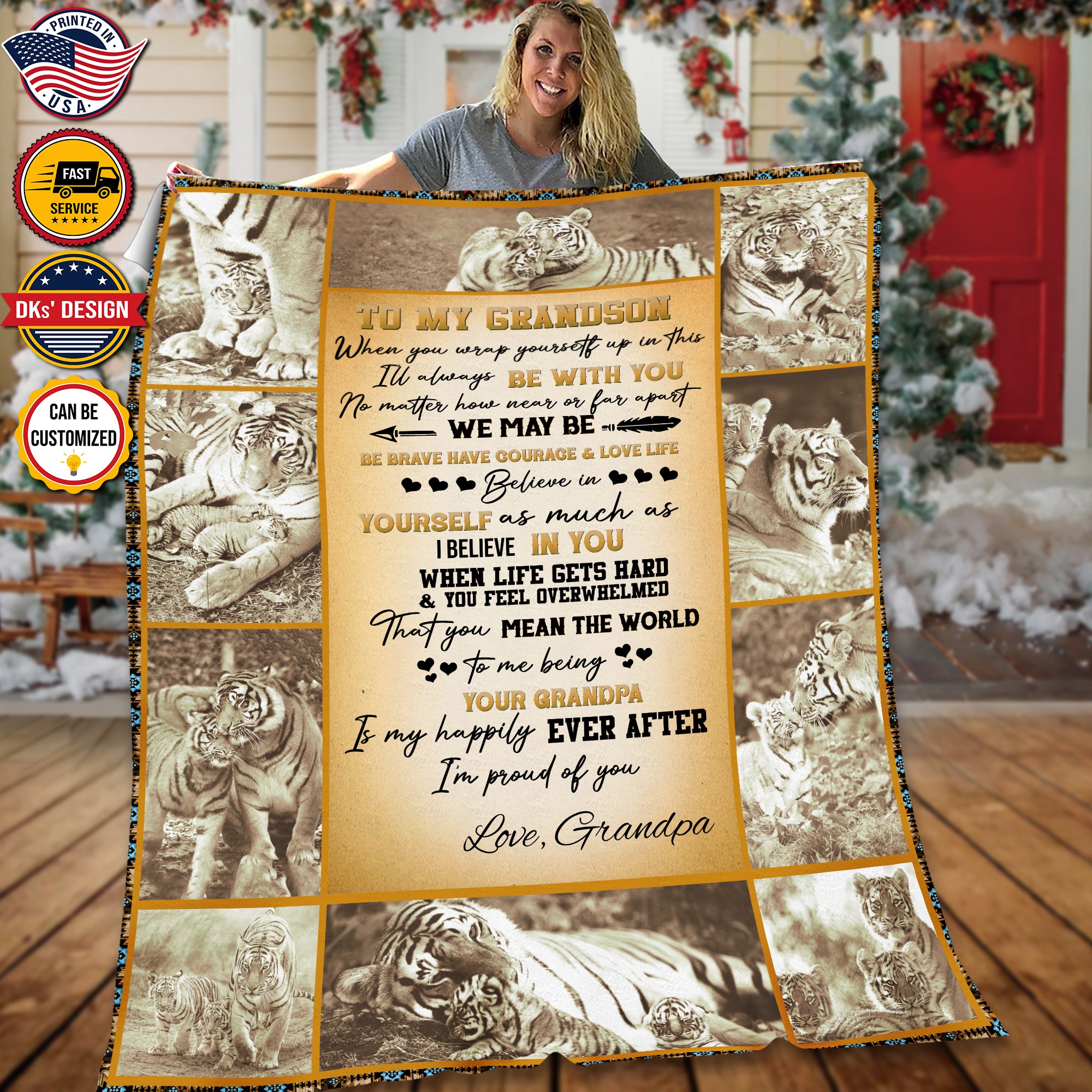 Personalized Grandson Blanket  Tiger To My Grandson Blanket, Blanket for Grandson, Birthday Blanket, Message Blanket, Gift For Grandson