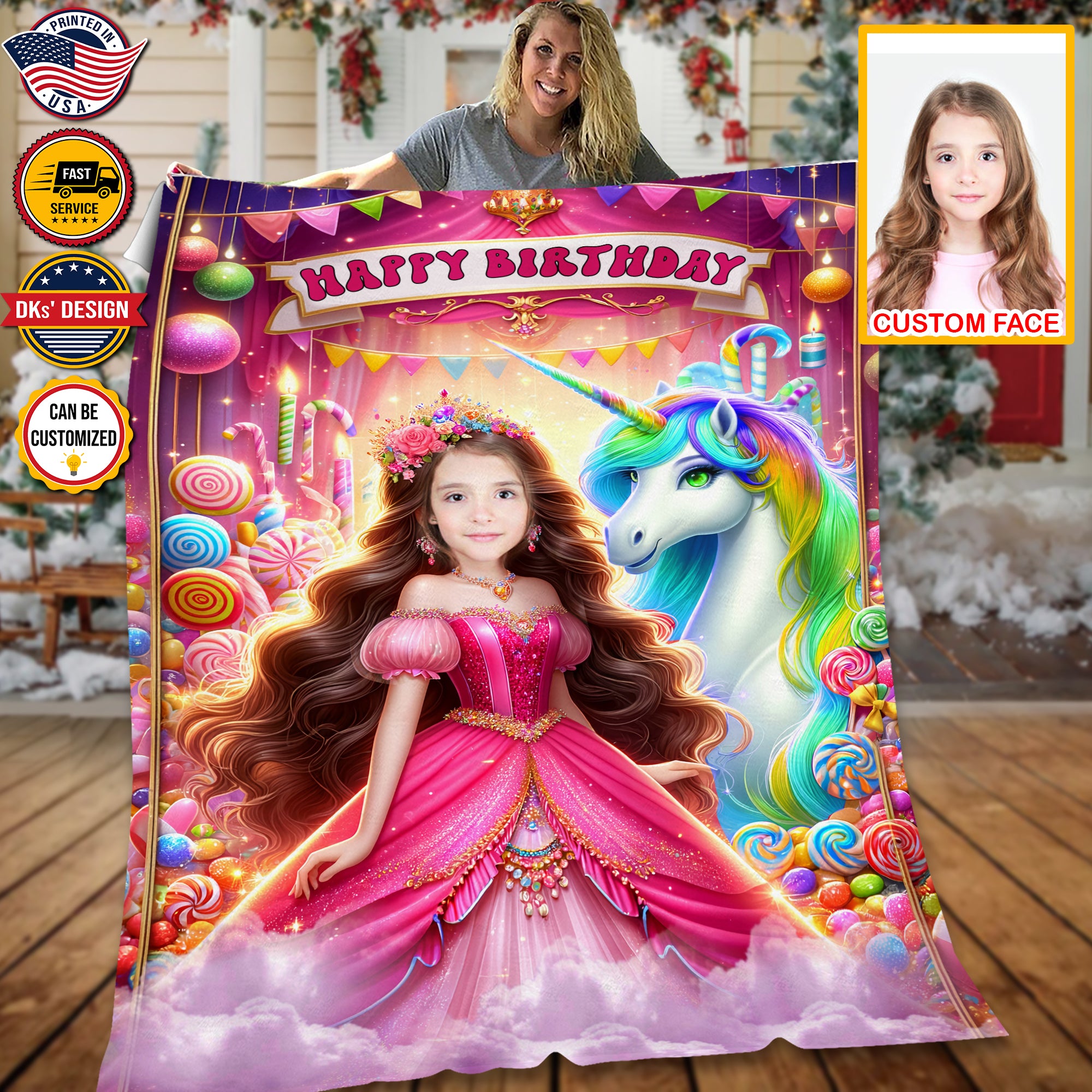 Personalized Beautiful Princess Birthday Custom Face And Custom Name Blanket, Girl Birthday Blanket, Unicorn Blanket, Fairy Tail Blanket, Birthday Gifts