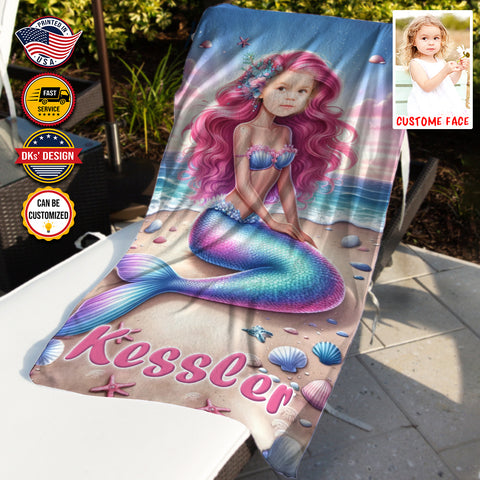 Image of Personalized Name & Photo Summer Mermaid Pearl Beach Towel