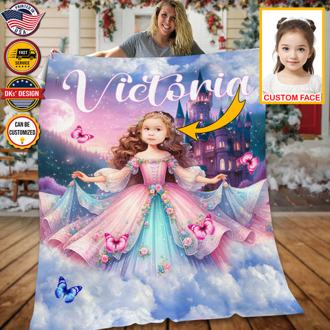 Image of Personalized Fairytale Blanket, Princess With The Whimsical Pink Fairytale Castle Custom Face And Name Blanket, Girl Blanket, Princess Blanket for Girl