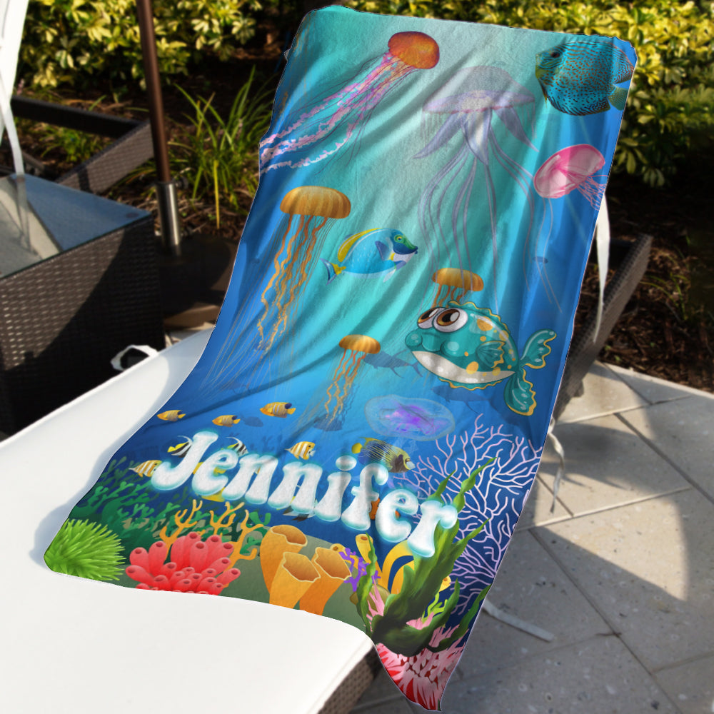 Personalized Name Sea Animals Jellyfish Fish Deep Sea Corals Beach Towel