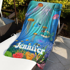 Personalized Name Sea Animals Jellyfish Fish Deep Sea Corals Beach Towel