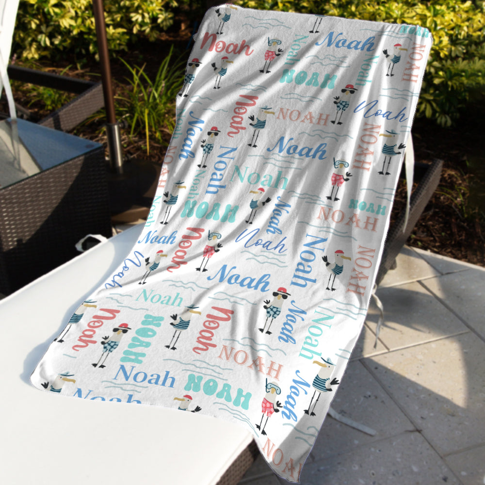 Personalized Name Sea Animals Seagull Custom Name Beach Towel