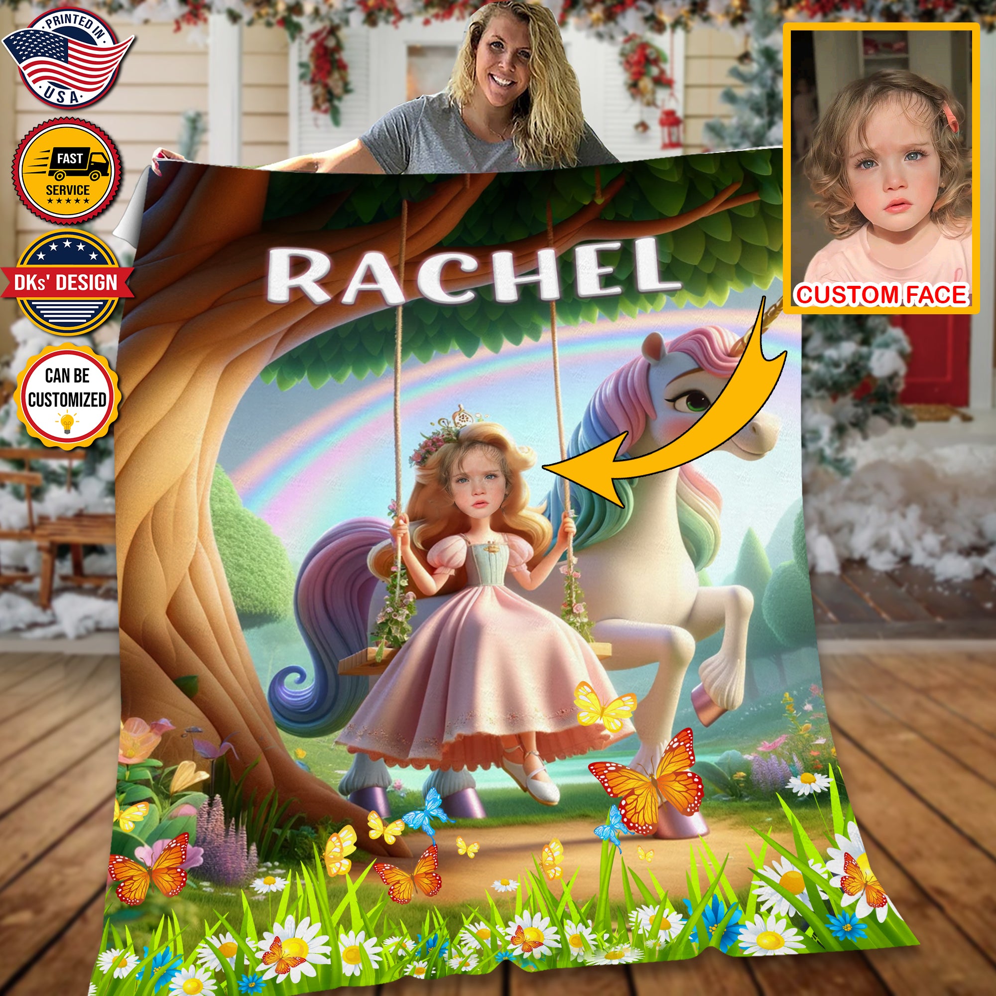 Personalized Fairytale Blanket, Unicorn and Princess In The Royal Woods, Custom Face Name Blanket, Girl Blanket, Unicorn Blanket Gift For Daughter