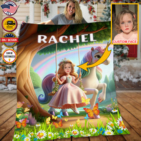 Personalized Fairytale Blanket, Unicorn and Princess In The Royal Woods, Custom Face Name Blanket, Girl Blanket, Unicorn Blanket Gift For Daughter