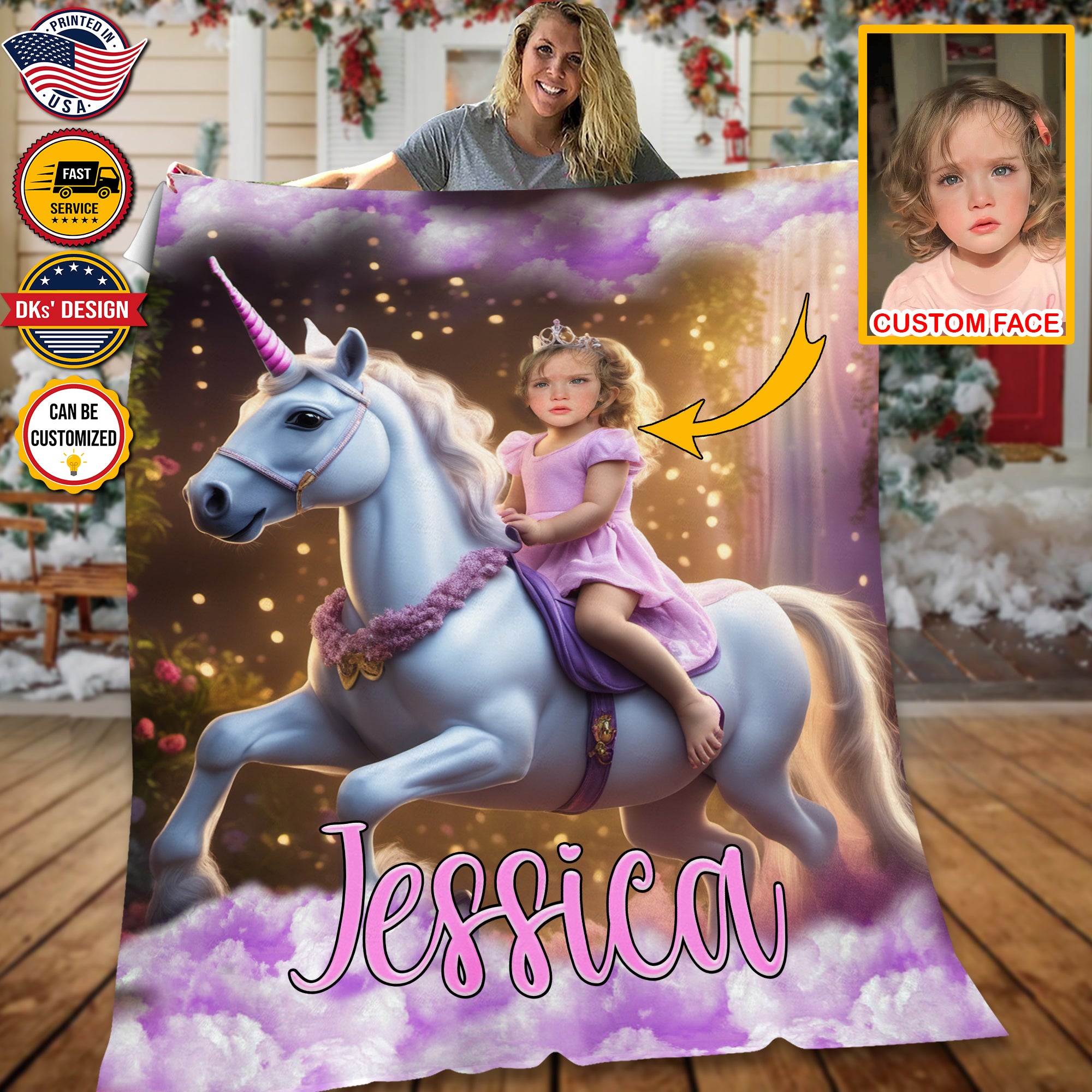 Personalized Princess Riding Unicorn Custom Face And Custom Name Blanket, Fairy Tale Girl Blanket, Princess Blanket for Girl,Baby Shower Gift