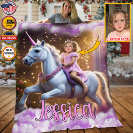 Personalized Princess Riding Unicorn Custom Face And Custom Name Blanket, Fairy Tale Girl Blanket, Princess Blanket for Girl,Baby Shower Gift