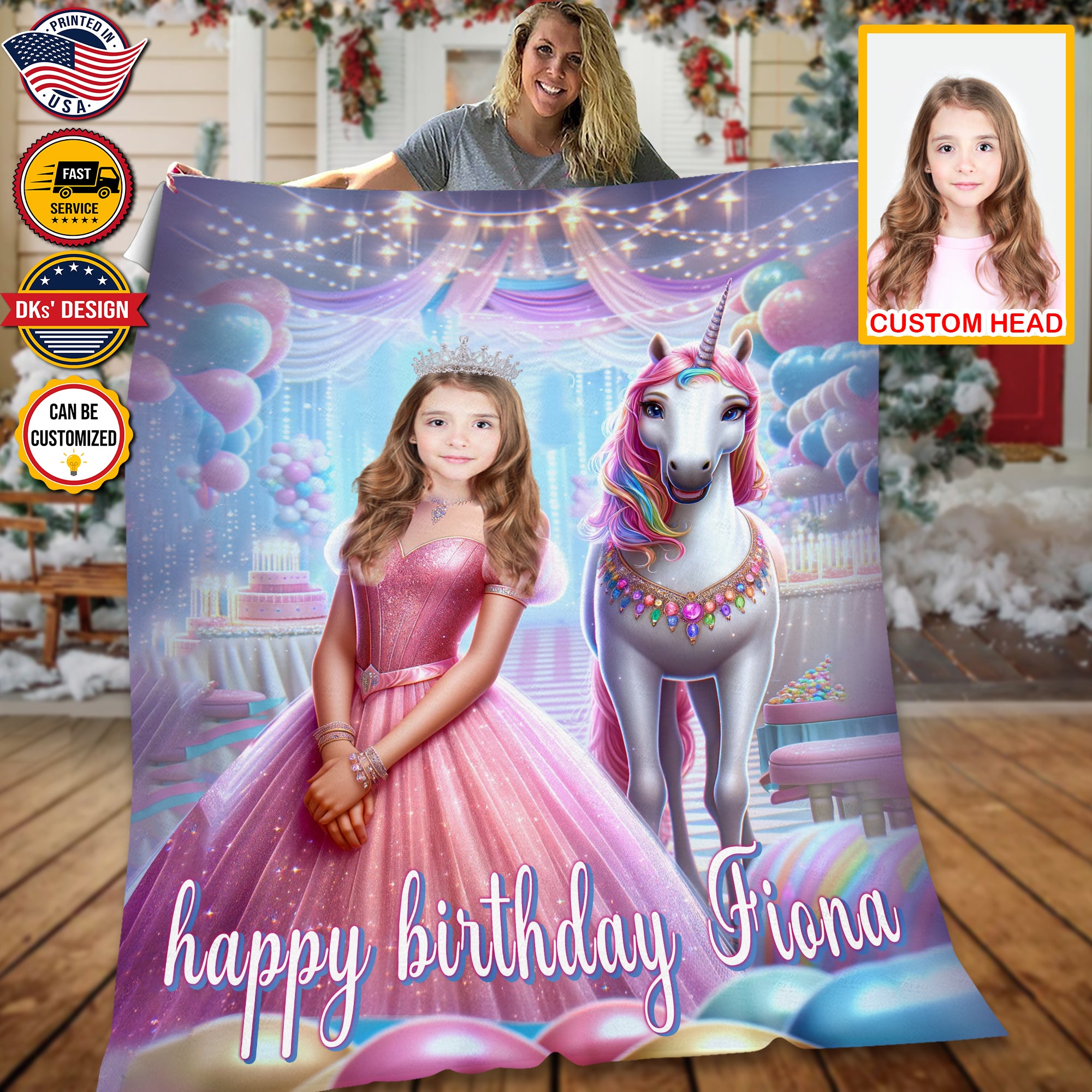 Personalized Baby Girl Blanket, Custom Happy Birthday Princess Blanket, Fairy Tale Girl Blanket, Princess Blanket for Girl, Baby Shower Gift