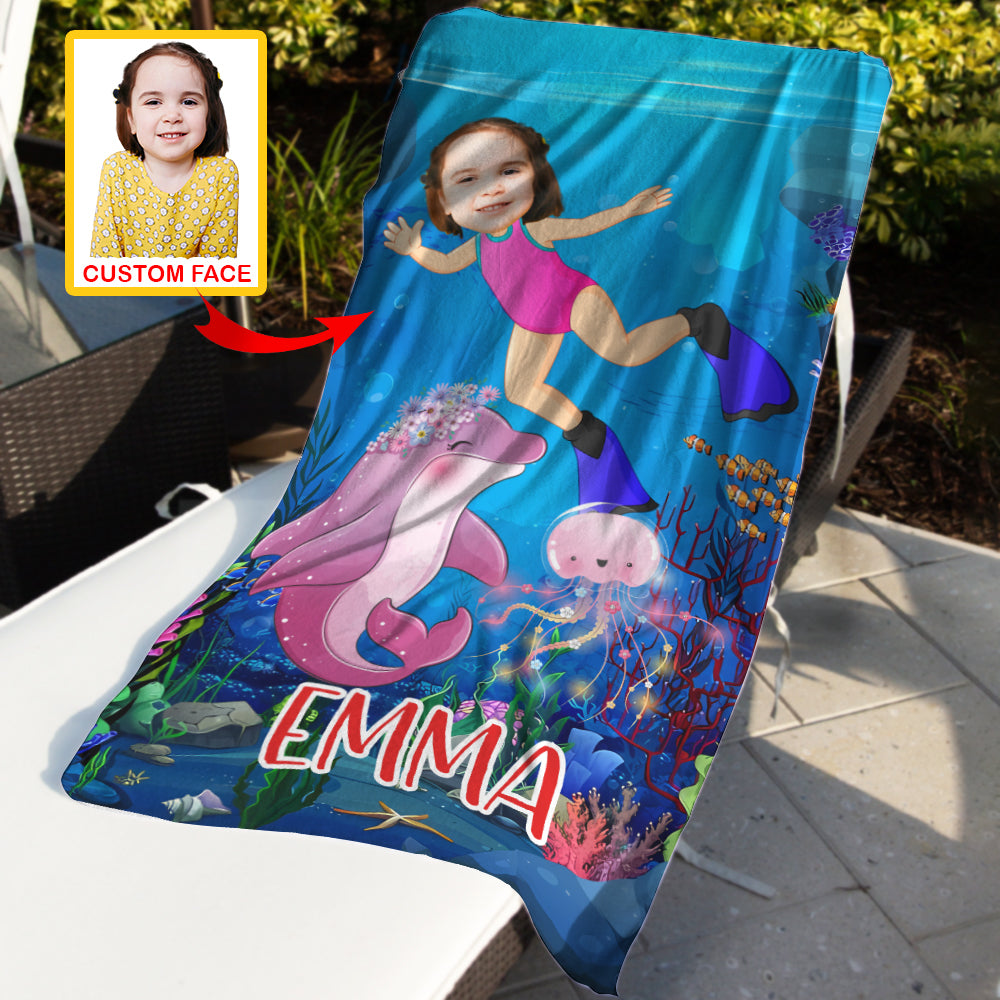 Personalized Name & Photo Dolphin Girl Under The Sea Beach Towel