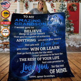 Personalized To My Grandson Custom Name Blanket, Message Blanket, Blue Lion And Baby Blanket, Grandson Lion Blanket, Grandson Gift