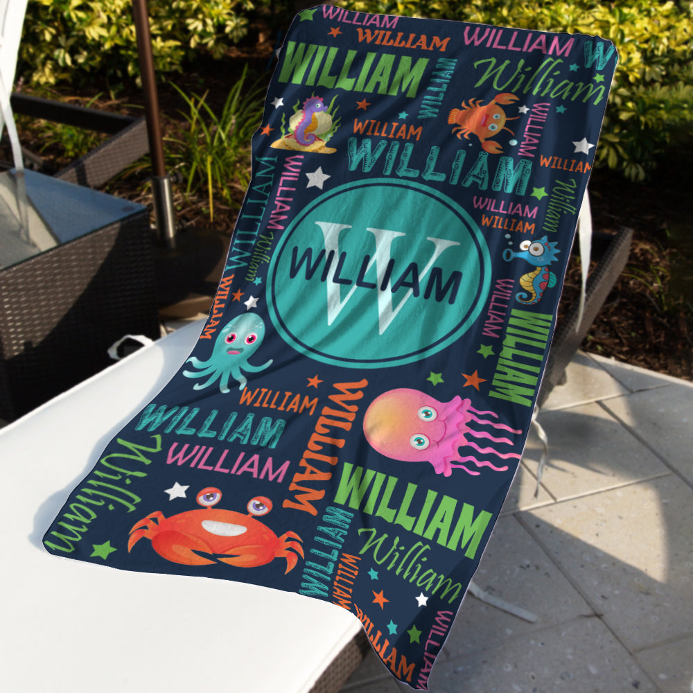 Personalized Name Colorful Lettering Sea Animal Beach Towel