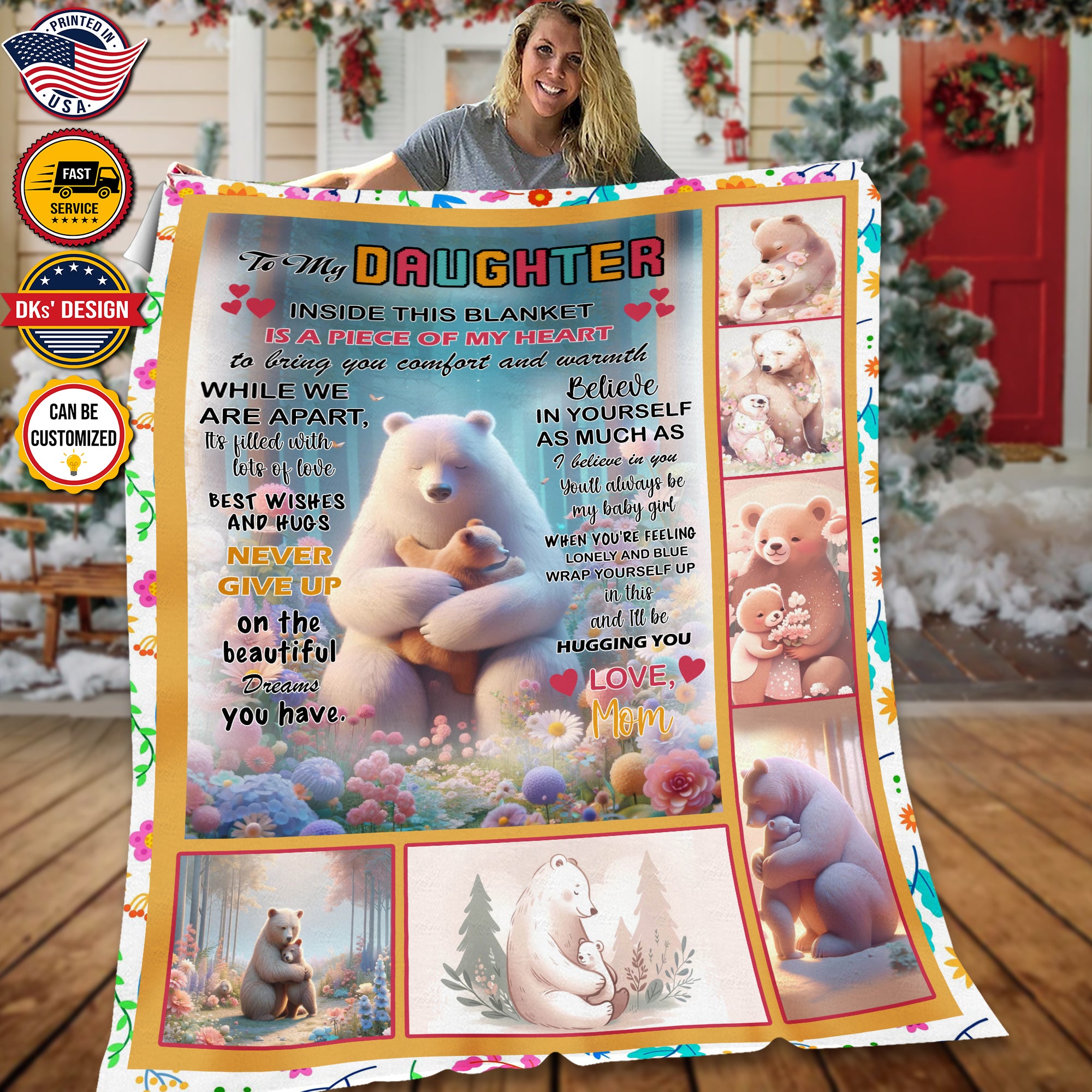 Personalized Daughter Blanket, Family Bear To My Daughter Blanket, Message Blanket, Birthday Gifts, Christmas Gifts for Girl for Daughter