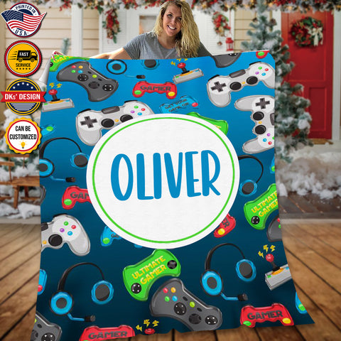 Image of USA Printed Custom Game Blanket, Blue Game Pattern Blanket,  Gaming Blanket for Gamer, Custom Name Blanket, Birthday Gift Blanket, Personalized Sherpa Blanket, Fleece Blanket, Gift for Him for Boy for Son